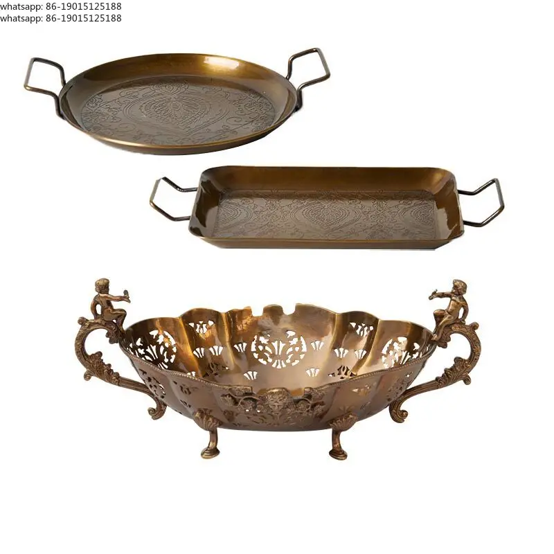 Gold hollow carved tray French court binaural fruit plate brass flower jar ornament home high-end jewelry