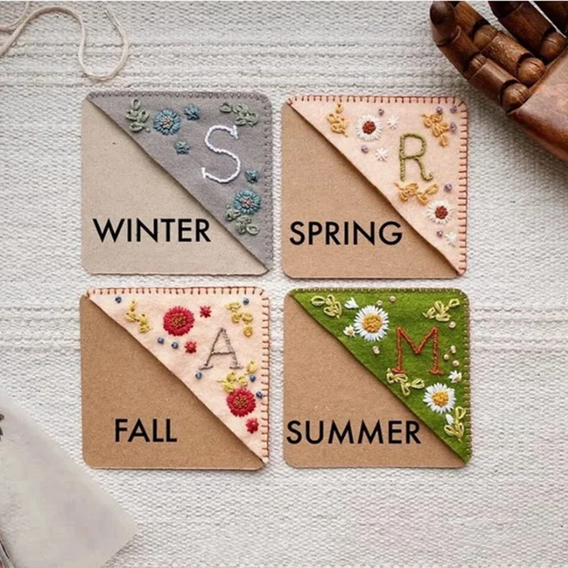 4 Pcs Spring, Summer, Autumn And Winter Bookmark Manual Embroidery Bookmarks Hand-Embroidered Corner Decoration(J)