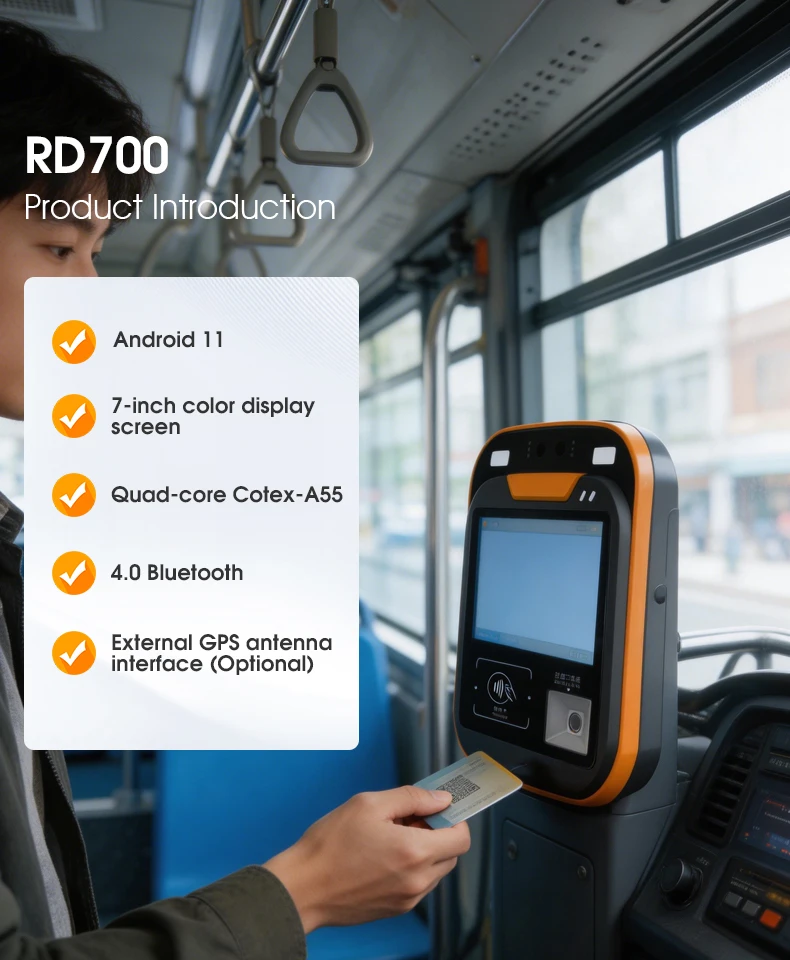 Factory 7 Inch RD700  Linux 4G Smart NFC QR Bus Payment Validator with Face Recognition 2G RAM 16G ROM Zinc Alloy