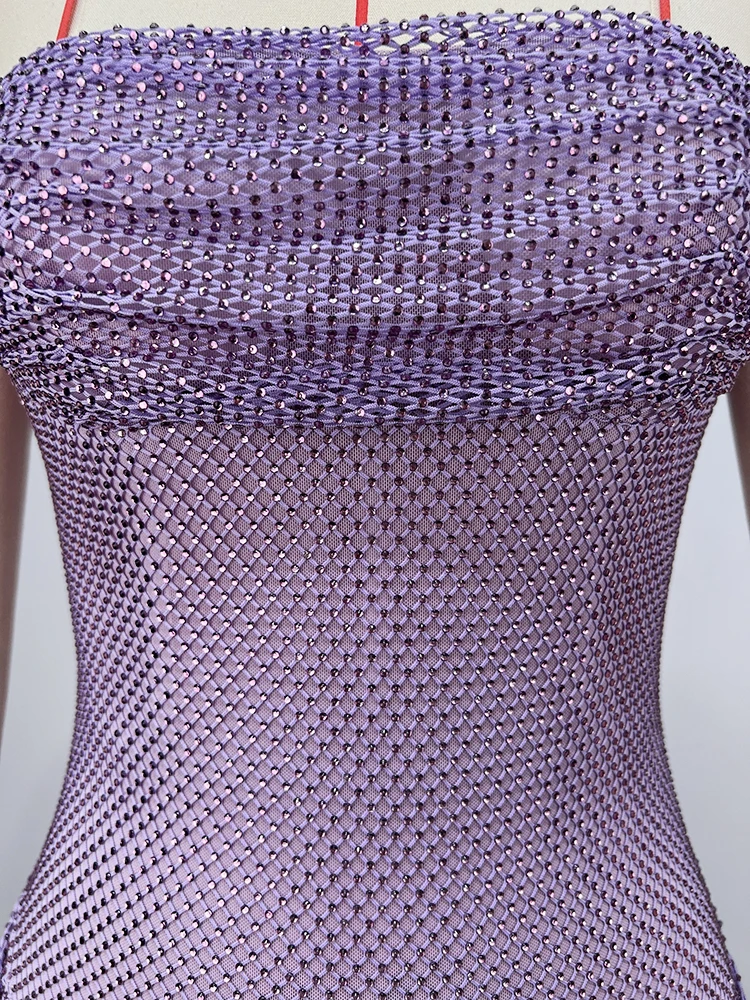 Glittering Lavender Crystal Mesh Mini Dress – Strapless Ruched Bodycon Party Dress High Waist Cocktail Birthdays Nightclubs Gown