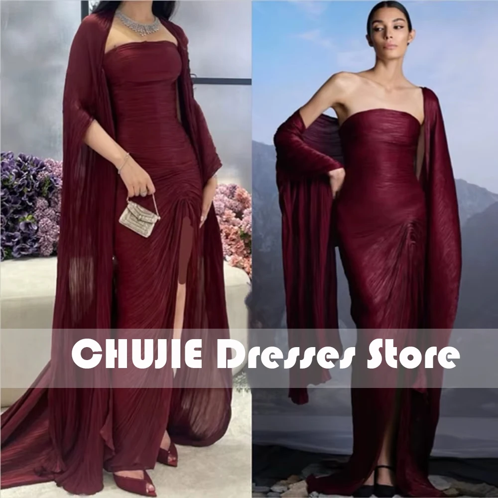 

Burgundy Pleat Straopless Formal Occasion Gowns Evening Dresses With Shawl Prom Dress Vestidos Largos De Gala Lorie Sexy Casual
