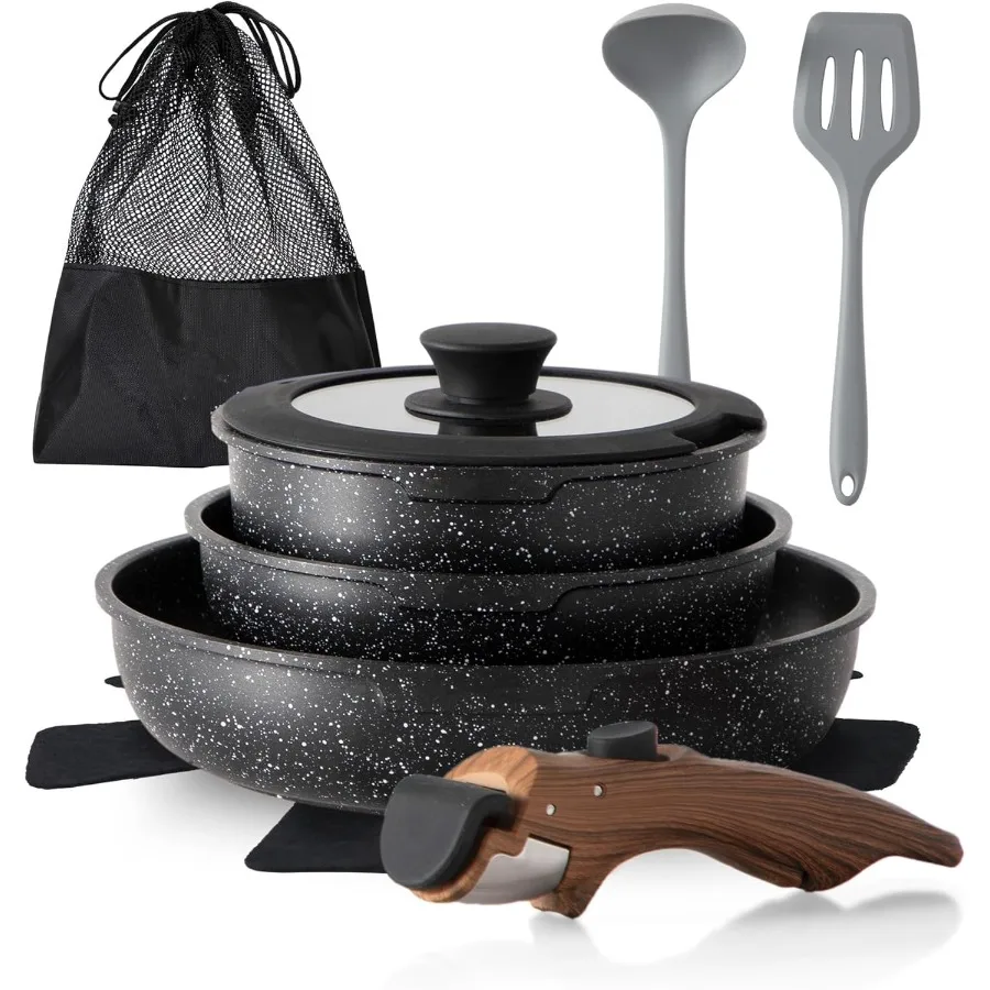 

10 Pcs NonStick Kitchen Cookware Set with Detachable Handles for Induction Cooking Oven Safe PFOS and PFOA Free Ideal for Campi