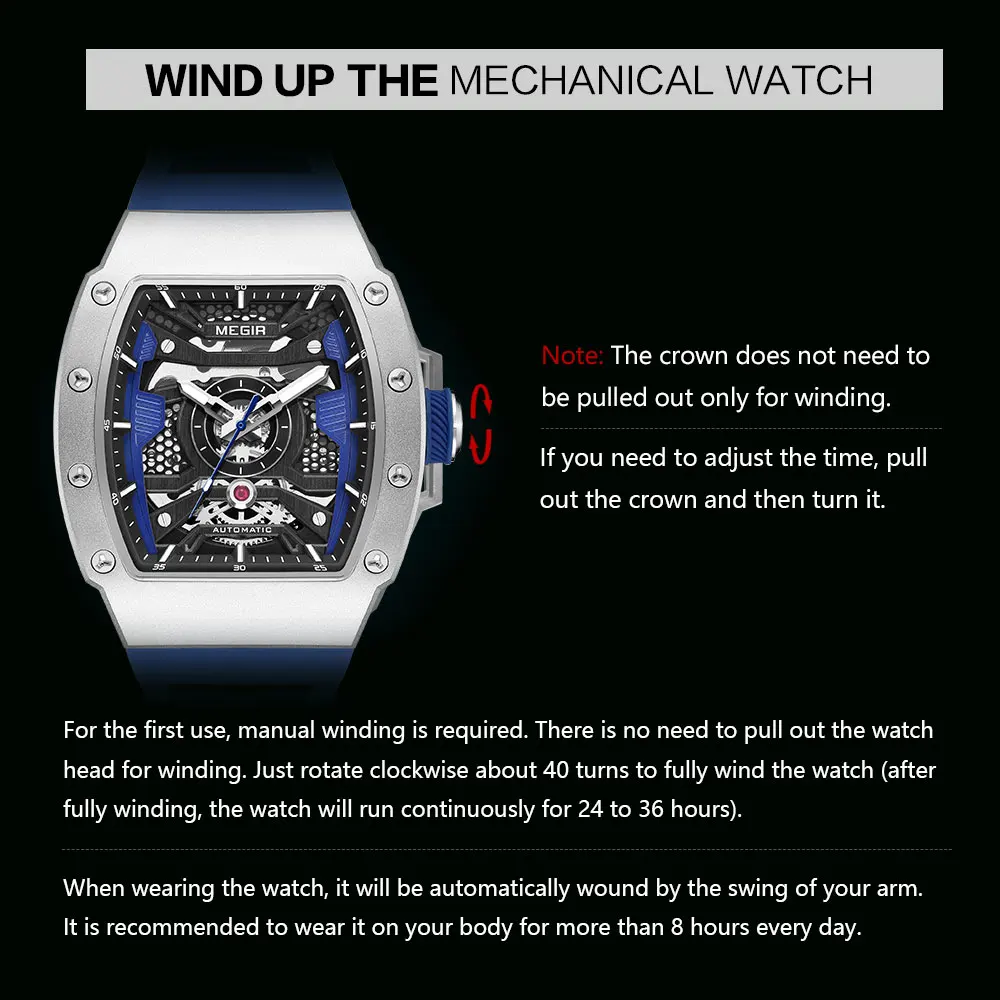 MEGIR Automatic Mechanical Watch for Men Fashion Sport Wristwatch with Stainless Steel Case Silicone Strap Luminous Hands 8604