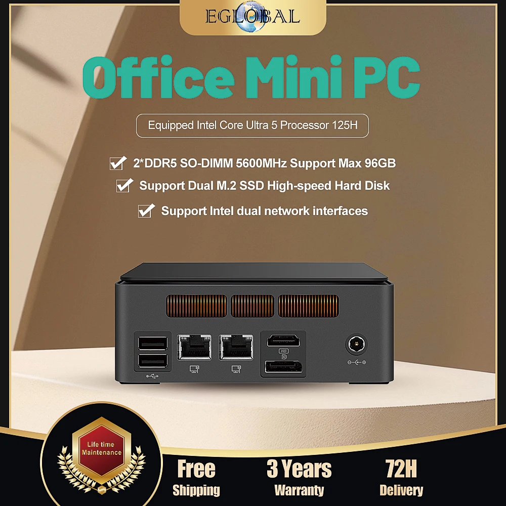 

Eglobal 14-го поколения Ultra 5 125H Компактный мини-ПК для офиса и дома 16G DDR5 RAM 512G NVMe SSD Windows 11 HD DisplayPort Type-C Wifi6