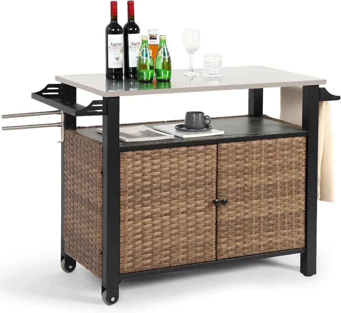 

Kitchen Island Cart Wicker Grill Prep ， Outdoor Serving Bar Table with Hooks Wheels Poolside Patio Grassland