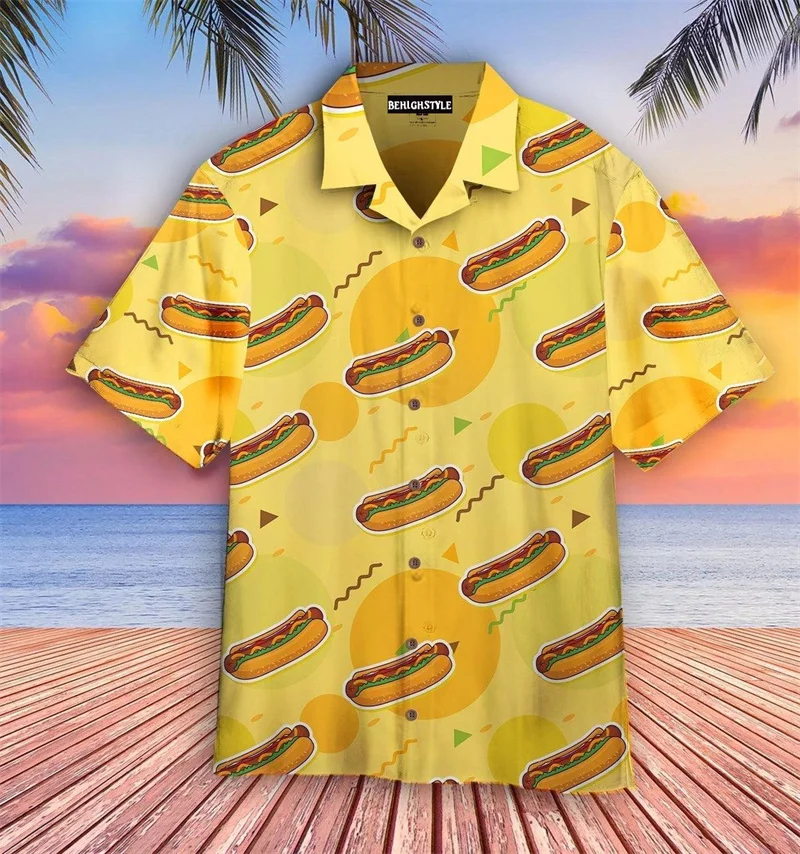 New Mens Hawaiian Shirt Hot Dog Hamburger Cartoon Button Shirts Summer Street Loose Y2k Lapel Short Sleeve Tops Men Clothing