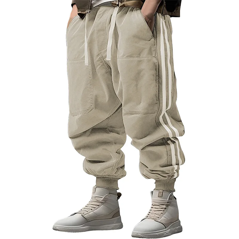 2025 New men's sports jogging solid - color casual pants with elastic waistband, stripes, and comfortable cuffed legs