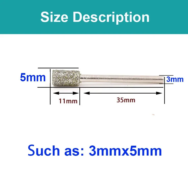 5/10/20PCS 60 Grit  3/4/5/6/8mm Cylinder Diamond Burr Grinding Head Bit 3mm Shank For Dremel Rotary Tool