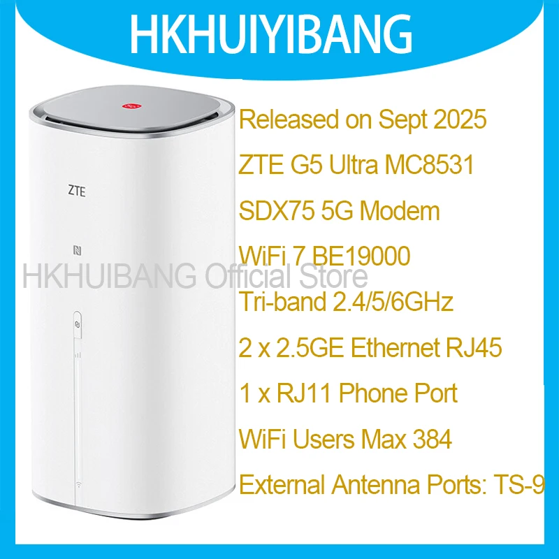 

Маршрутизатор ZTE 5G AI CPE G5 Ultra MC8531 WiFi 7 BE19000 с двумя портами 2,5G X75 5G 4G LTE CAT22, беспроводной SIM-модем 384 пользователей 13 дБи