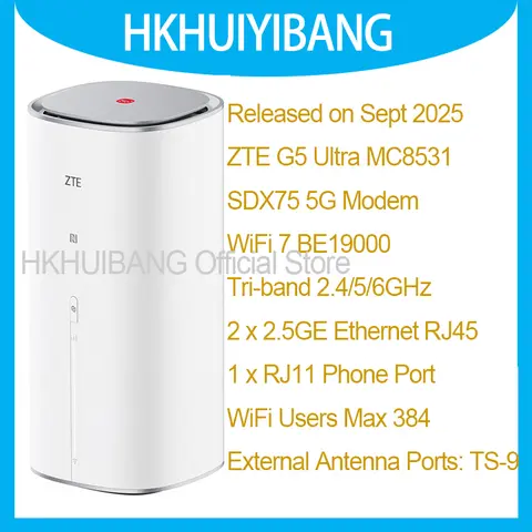 2025 ZTE 5G AI CPE G5 Ultra MC8531 WiFi 7 BE19000 Router Doppie porte 2,5G X75 5G 4G LTE CAT22 Modem Sim wireless 384 utenti 13dBi