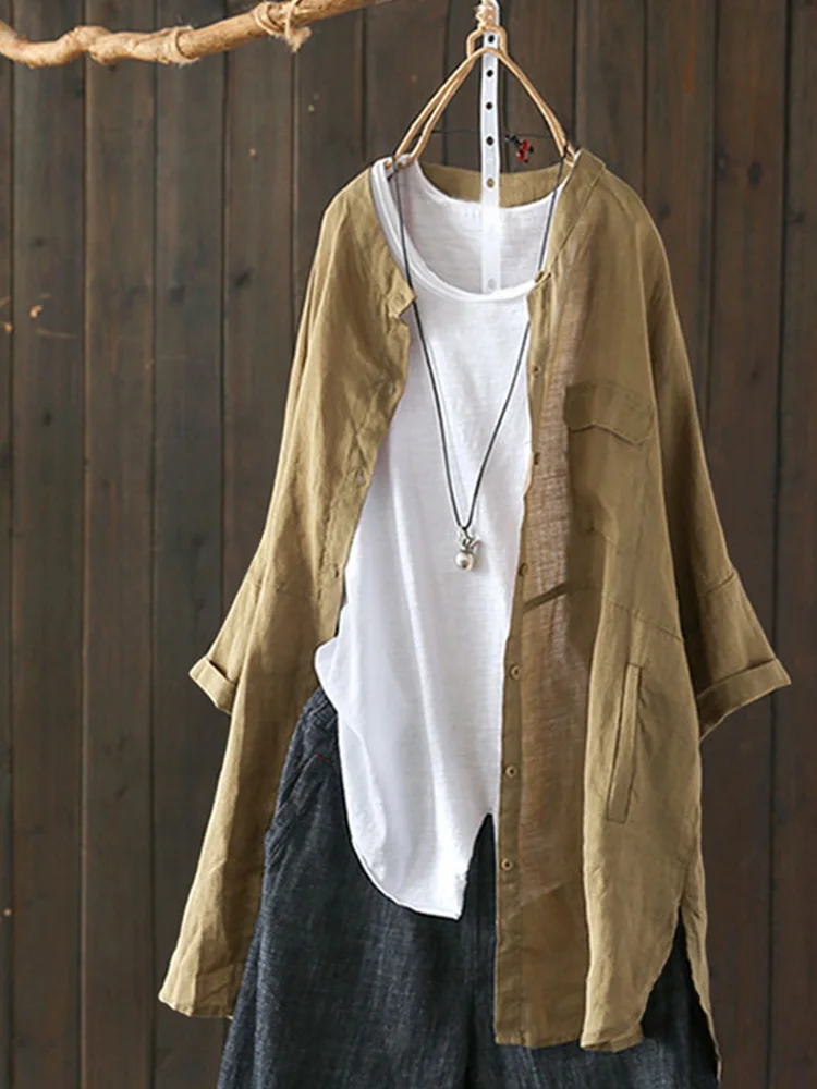 

Длинная хлопково-льняная одежда в стиле ретро, женская ранняя осень, свободная утягивающая повседневная верхняя одежда средней длины, льняной солнцезащитный топ