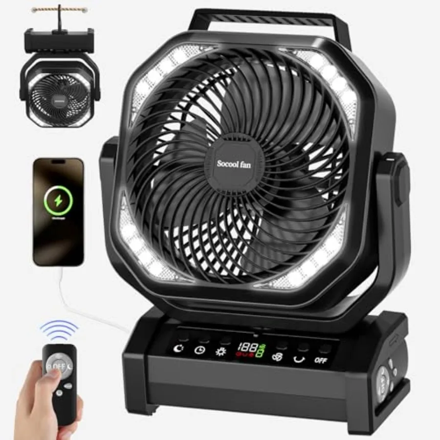 

Socool Camping Fan with Light, 20000mAh Rechargeable Battery Fan with Remote, 112Hrs and 8 Speeds, Digital Display, Timer, Auto