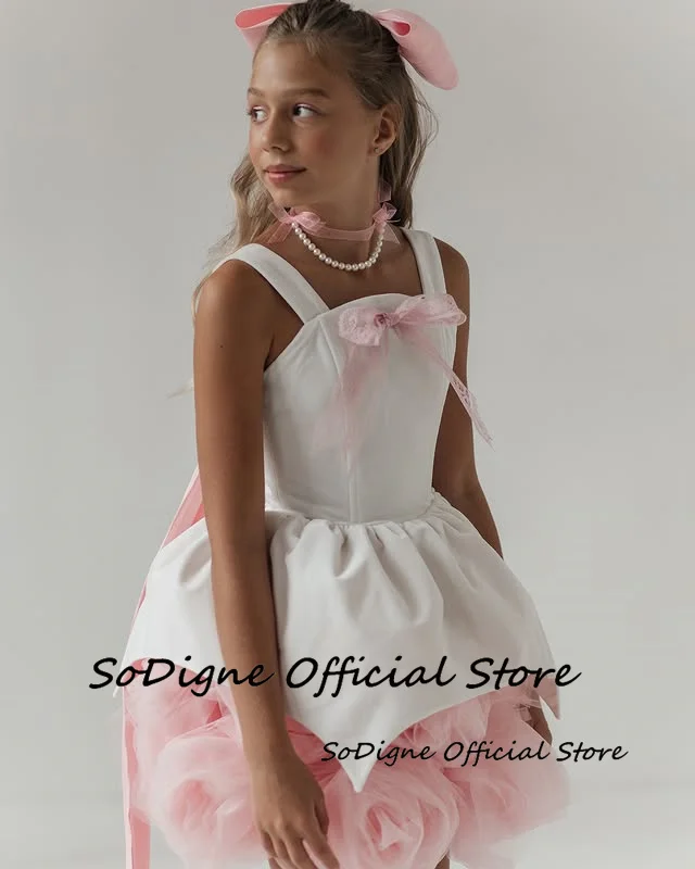 SoDigne 3D Flower A-line Satin Short Flower Girl Dress Sleeveless Birthday Party Dresses 2025 Skirt Girls Kid Gown Customized