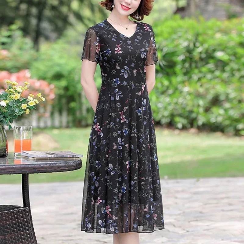 

Elegant V-Neck Printed Spliced Loose Gauze Folds Midi Dress Women's Clothing 2023 Summer New Oversized Office Lady Floral Dress