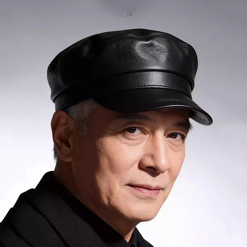 real-leather-army-hats-unisex-streetwear-fitted-outdoor-cap-woven-decoration-flat-top-travel-cadet-hat-captain-military-hat