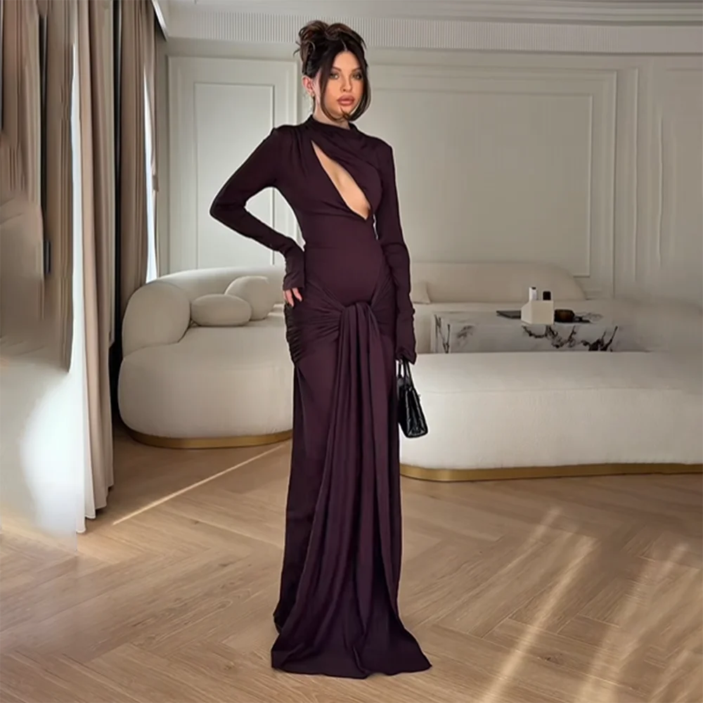 

2026 Women's Formal Evening Gowns Long Sleeve Round Neck Pleated Straight Evening Dresses Elegant Formal Party Dresses for Women