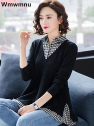 Lapel Patchwork Knit Tops Casual Loose Spring Fall Sweater Women New Knitwear Jumper Korean Fake 2 Pieces Long Sleeve Pullovers