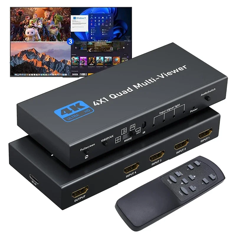 4K HDMI Quad Multi Viewer 4 in 1 out 1080P 4x1 HDMI Screen Viewer Seamless Switcher 5 Display Mode for PS4 Camera PC TV Monitor