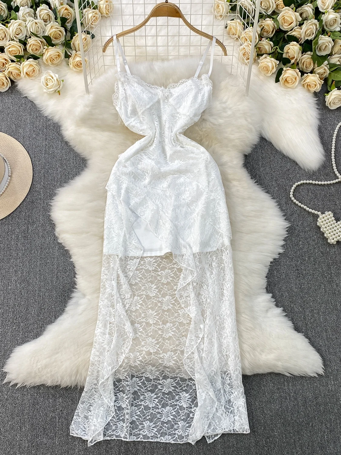 Pure Desire Sexy White Lace Splice Strapl Dr Women Summer Waist Cinch Slim Fit Long Skirt High Waist Asymmetrical Hem