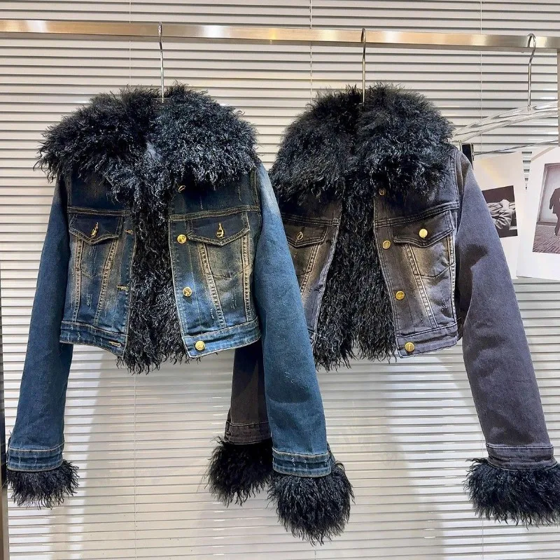 Good-looking Fashionable Foreign-style Fur-collared Denim Short Jacket  Women's 2026 Slim-fitting and Thin Casual Thickened Top
