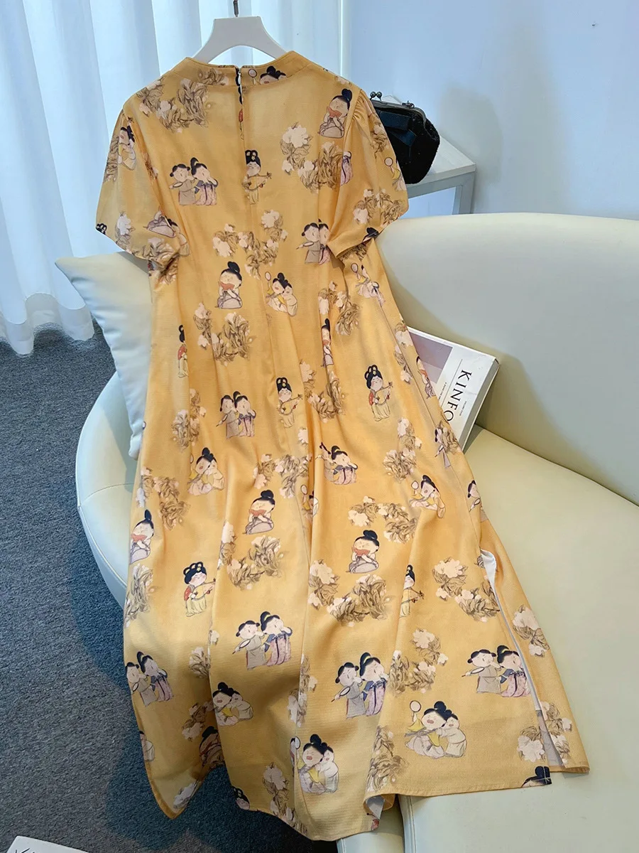 150Kg Plus Size Women's Bust 150 Summer Loose New Chinese Qipao Retro Character Cartoon Dress Yellow 5XL 6XL 7XL 8XL 9XL