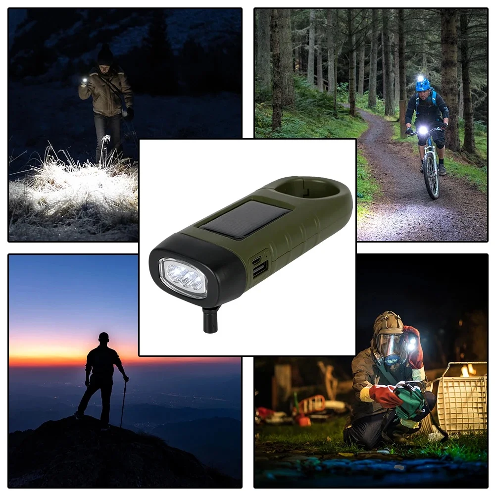 LED Flashlight Hand Crank Solar Powered Rechargeable Survival Gear Self Powered Charging Torch Dynamo for Fishing Boating Hiking