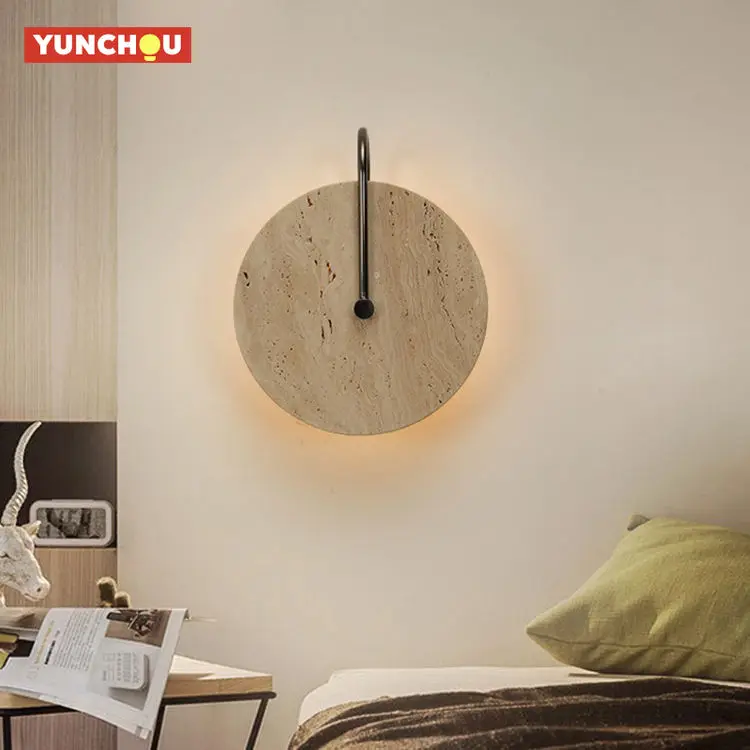 

Wabi Sabi Yellow Travertine Round Wall Lamp Vintage Stone Sconce Black Metal for Bedroom Bedside Living Room Staircase