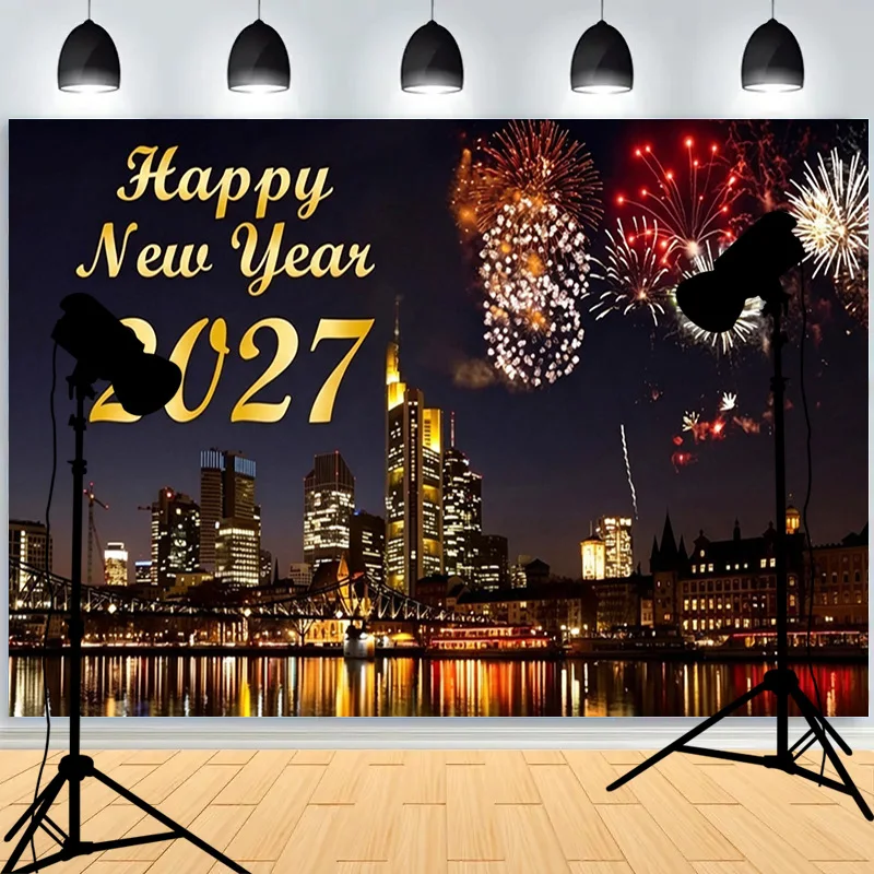 New Year Photography Background 2027 Champagne Clock Celebration Party Christmas Backdrop Photo Studio Props