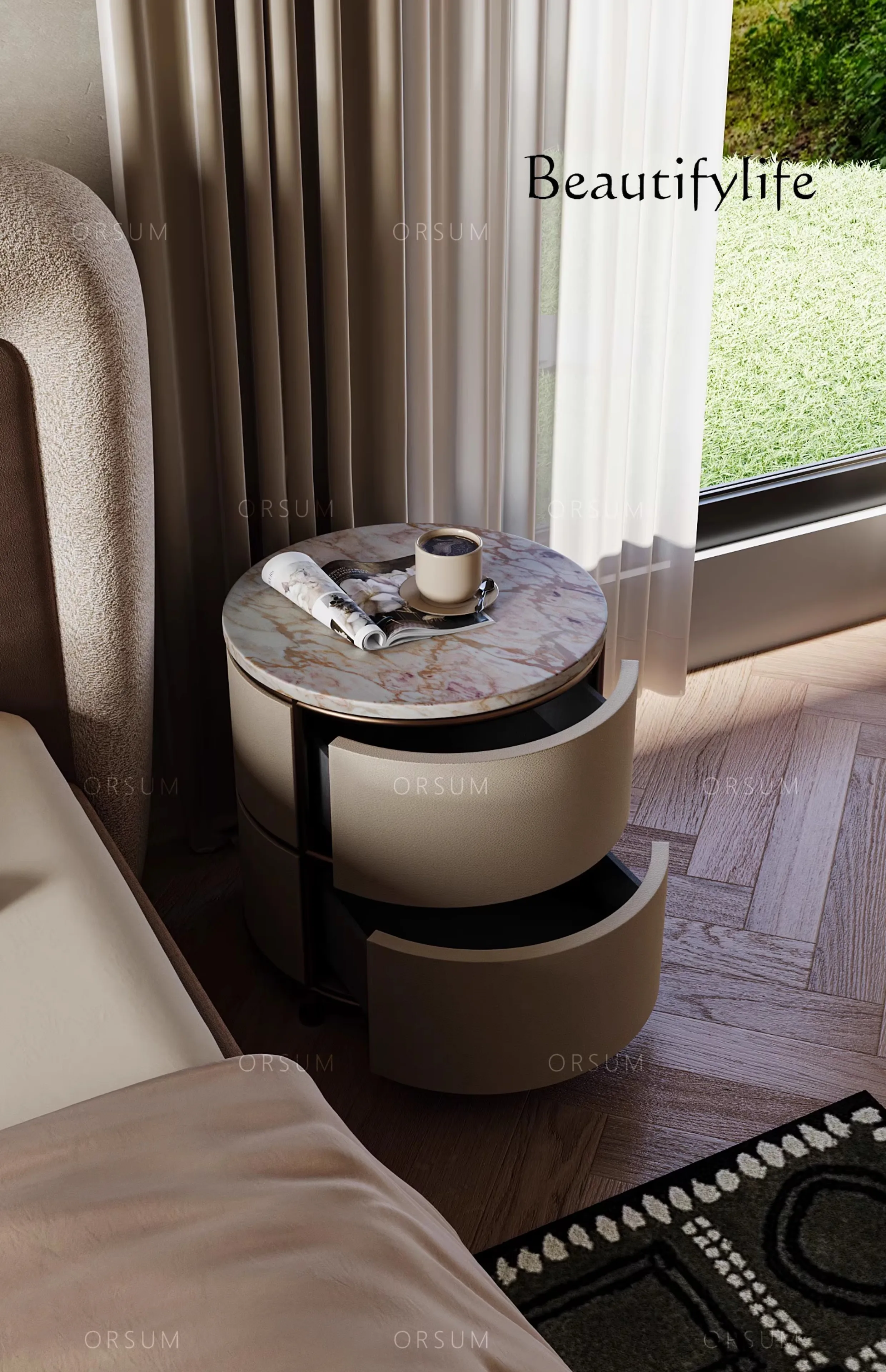 Designer Round Marble Leather Bedside Table Household Bedroom Italian Light Luxury Premium Press