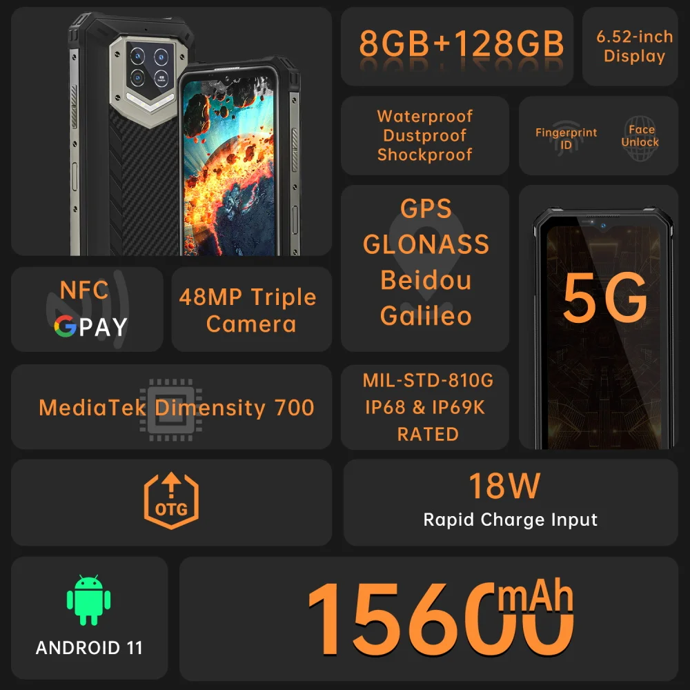 Oukitel-teléfono inteligente WP15 resistente, Smartphone con pantalla HD de 6,5 pulgadas, batería de 15600mAh, cámara de 48MP, MT6833, NFC, Octa Core, Android 11