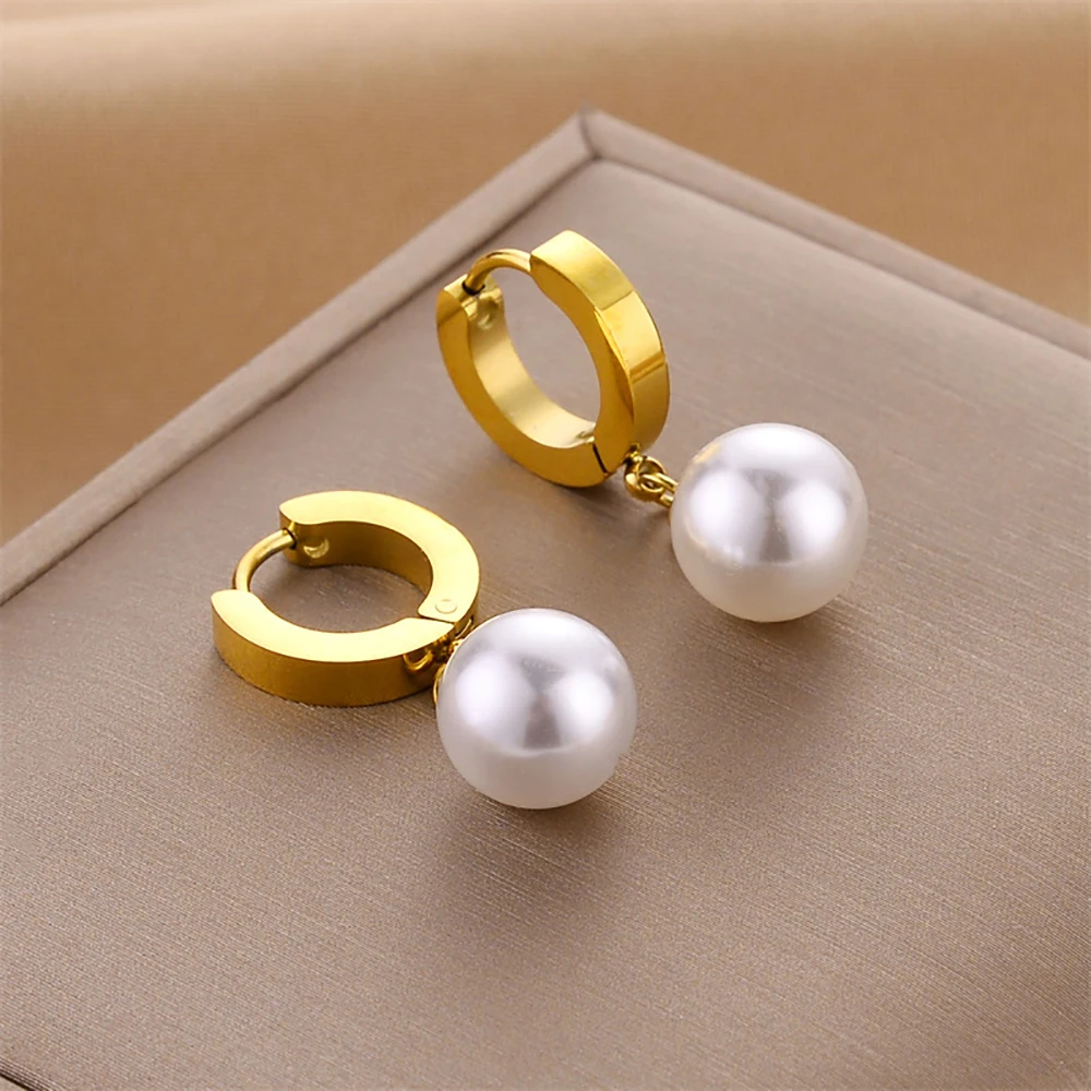 Stainless Steel Hoop Earrings For Women Gold Color Fashion Pearl Piercing Earring 2023 Trend New Luxury Jewelry aretes mujer