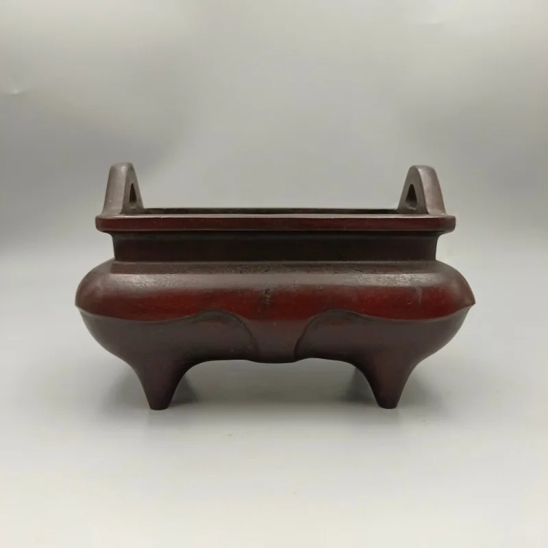 Incense burner, four-legged tripod with ingot-shaped handle, home decoration craft, bronze collectible