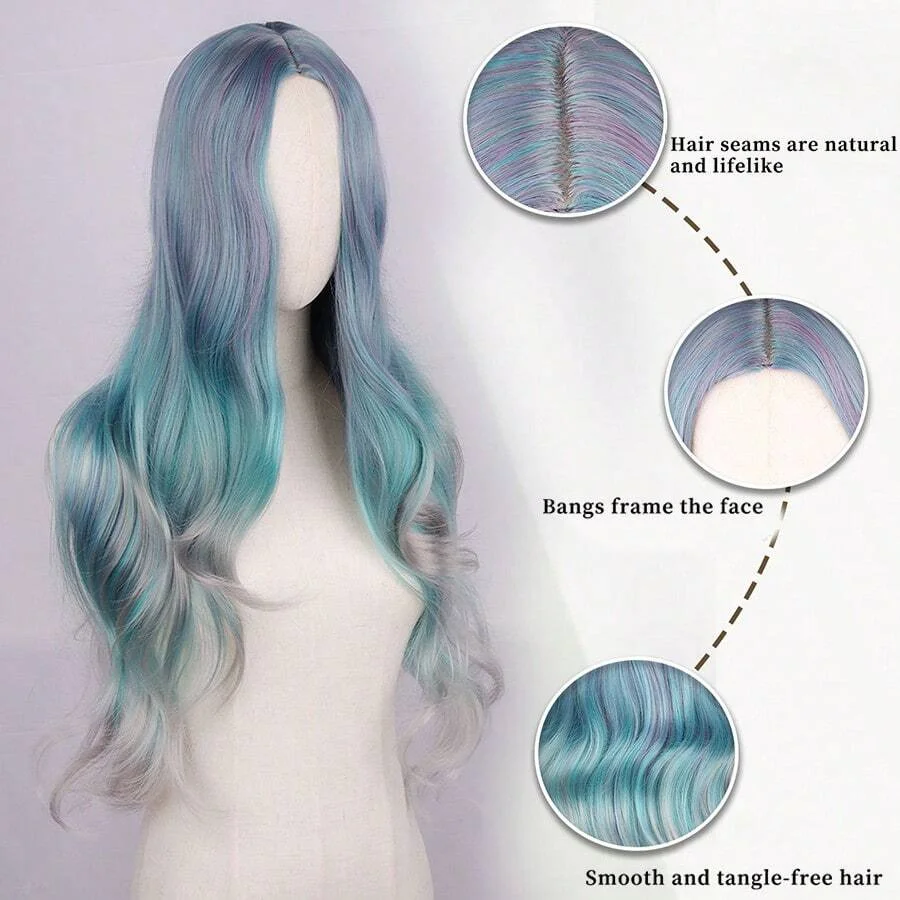 28in Mermaid Wig Ombre Blue Mixed Lilac Grey Wigs for Women Long Curly Wavy Middle Part Hair Synthetic Wigs for Cosplay Party image 3