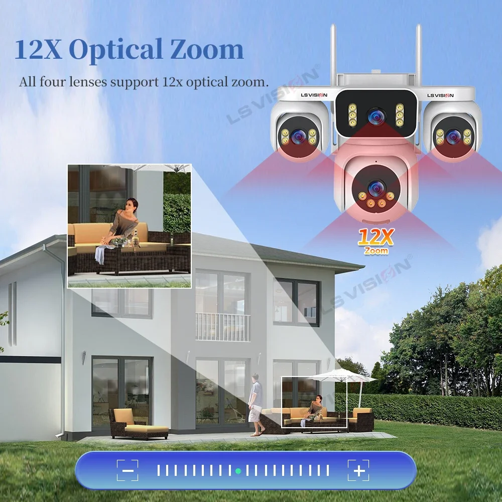 LS VISION 10K AOV 4G Cloud SIM Solar Camera Four Screens Outdoor 12X Optical Zoom Battery Solar Security Camera 24/7 Recording