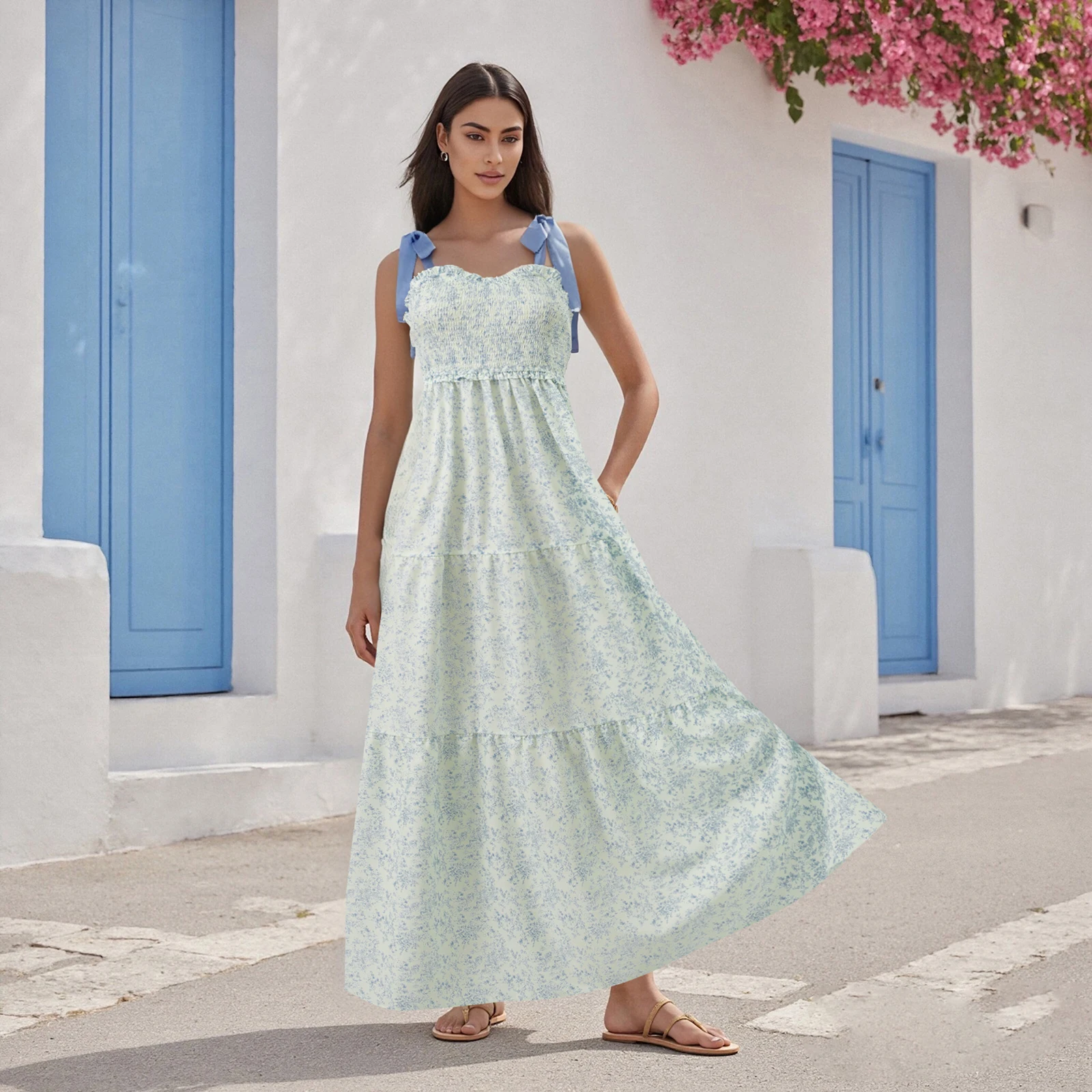 Holiday Women's Floral Tie Shoulder A-line Long Dress Smocked Sweetheart Neck Sleeveless Backless Tiered Ruffle Dress