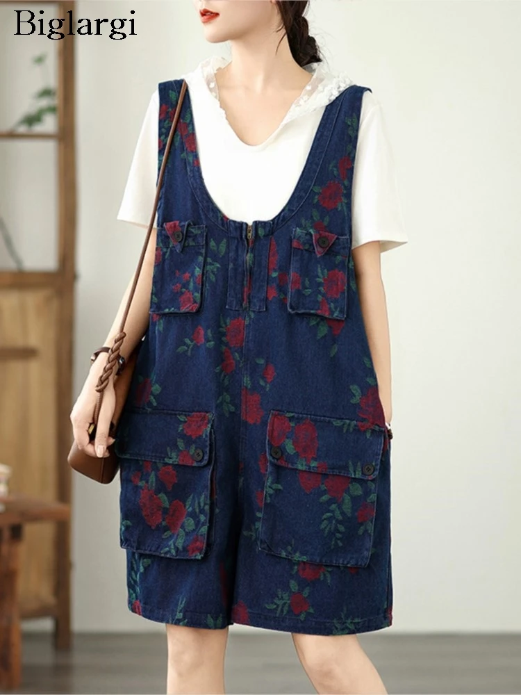 

Oversized Jeans Summer Strap Shorts Women Retro Fashion Flower Print Ladies Trousers Wide Leg Loose Woman Denim Strap Shorts