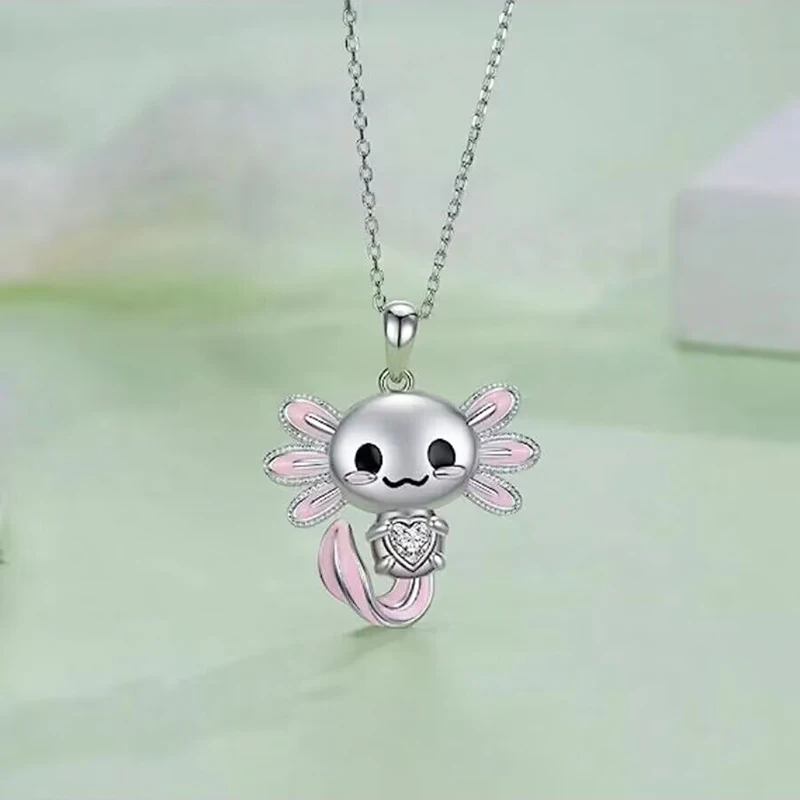 Cute Cartoon Enamel Pink Salamander Pendant Necklace For Girls Crystal Newt Necklaces Animal Jewelry