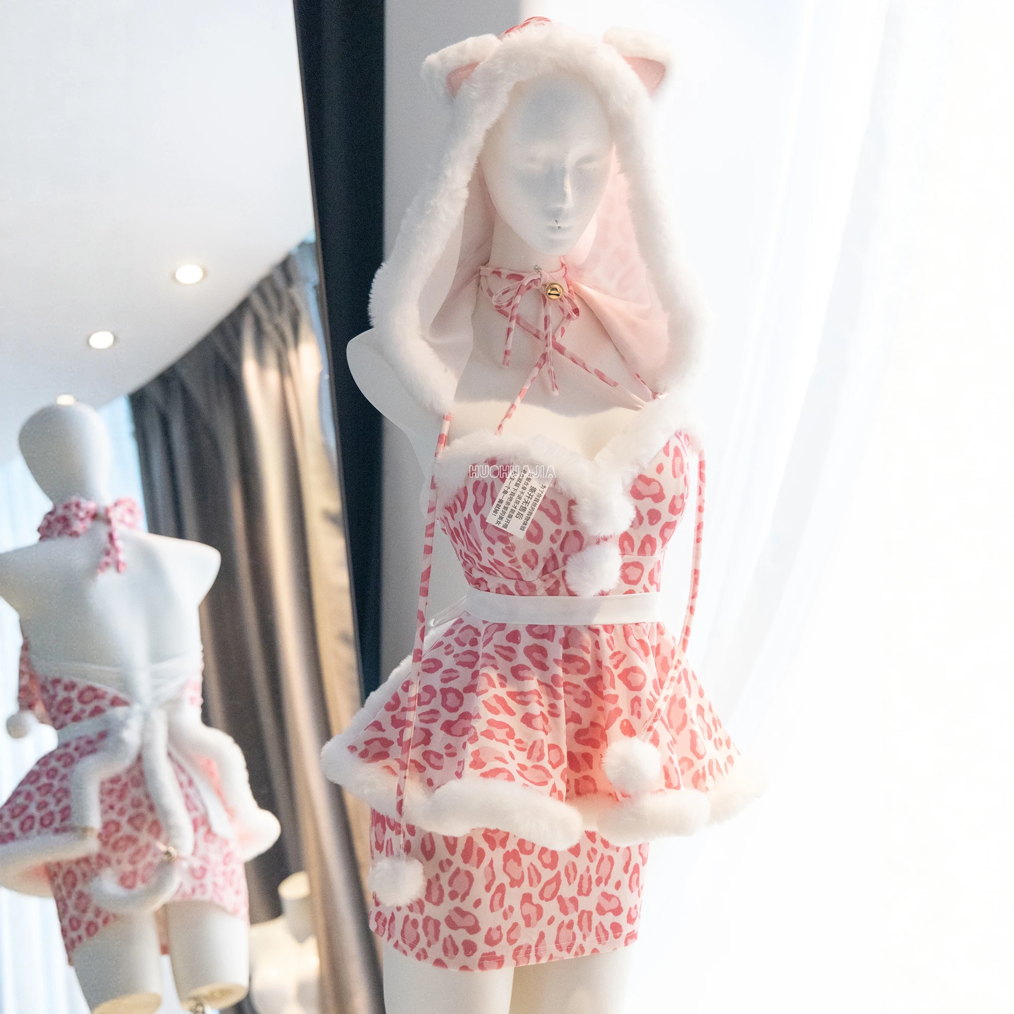 

Christmas Party Cosplay Costume Leopard Print Cat Ear Sexy Bodycon Dress Plush Holiday Outfit