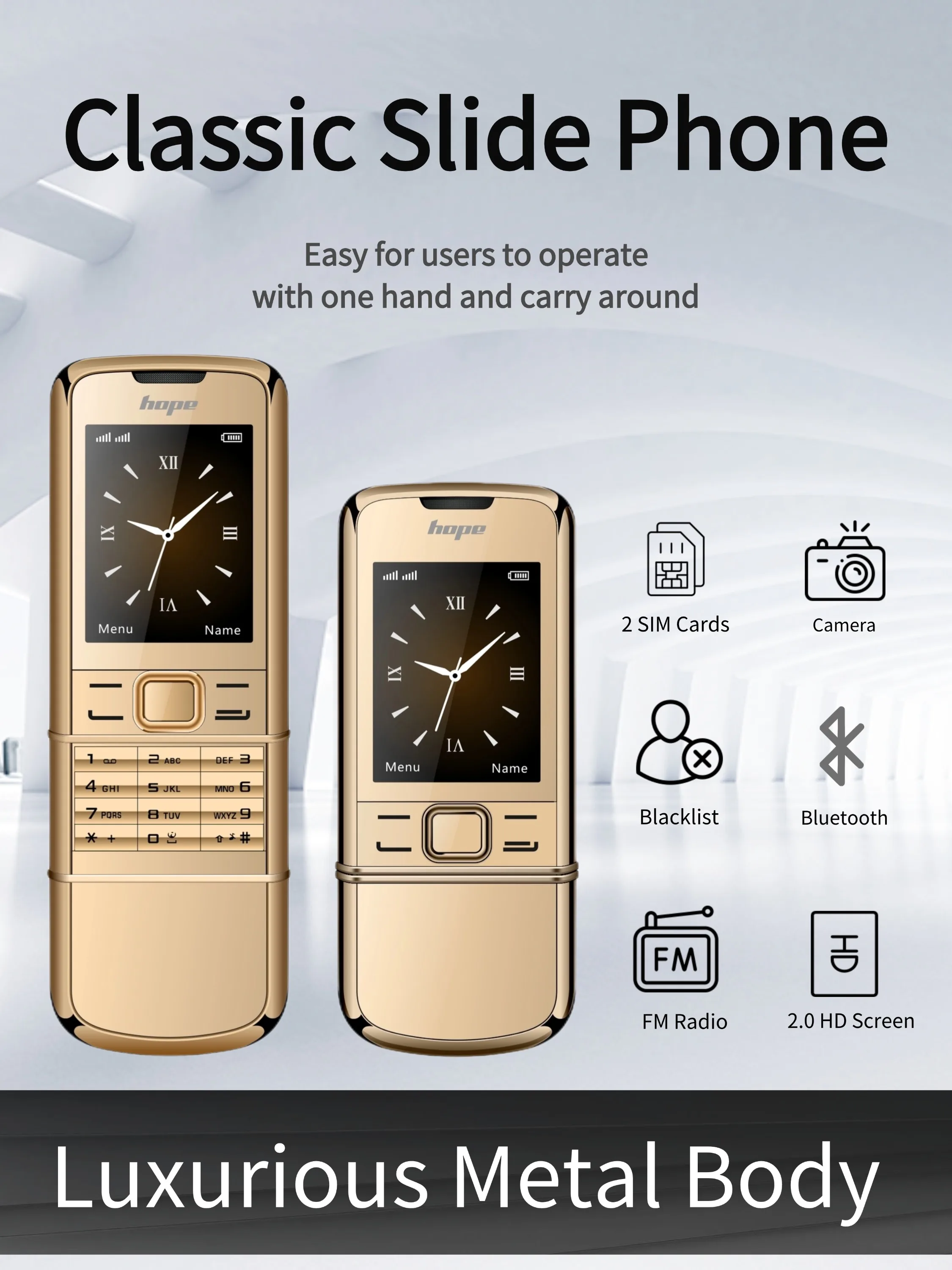 8800 Classic Retro Slider Senior Phone Dual SIM Metal Body Speed Dial Blacklist Durable Elderly Mobile Phone Big Button Luxury