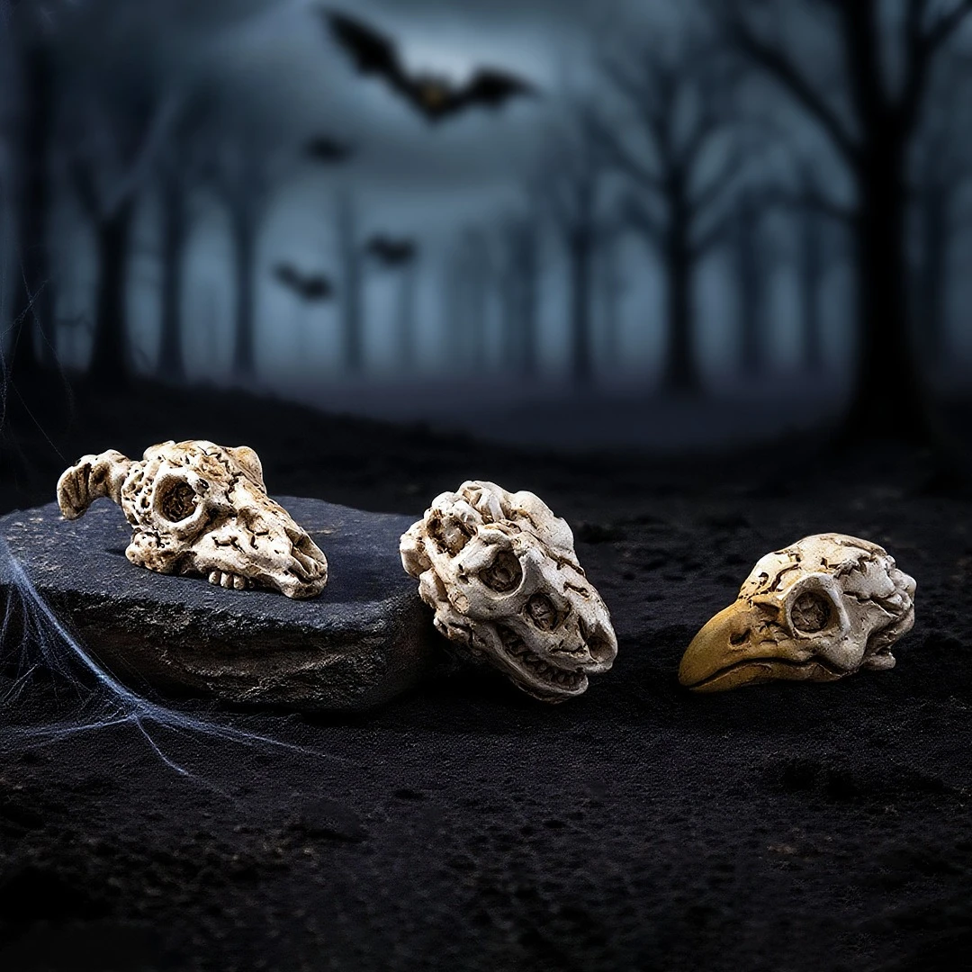 10-teiliges Set aus Kunststoff-Gothic-Krähen-Schädeln als Tierdekoration, geeignet für die Dekoration von Aquarien und Fischbecken. – Detail 4