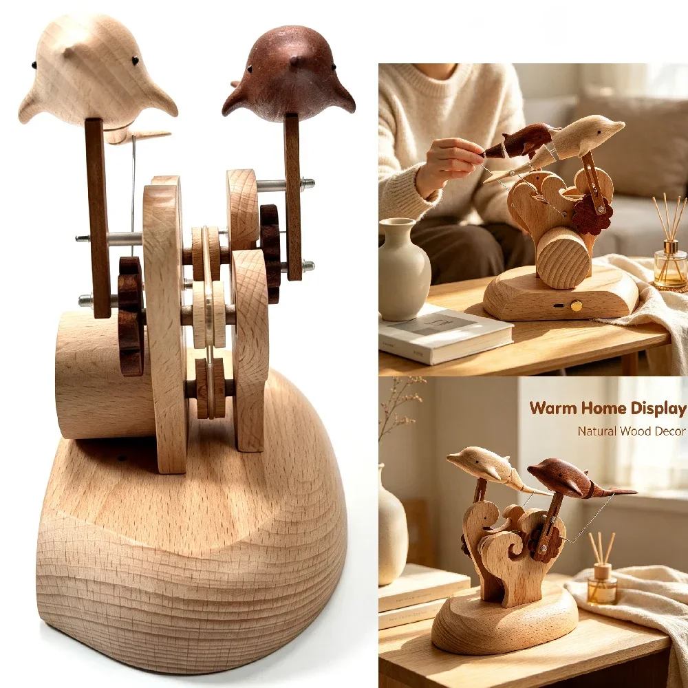 Kinetic Wooden Dolphin Automaton Sculpture, Mechanical Swimming Movement Design, USB Powered Marine Art Decor, Desk Ornament