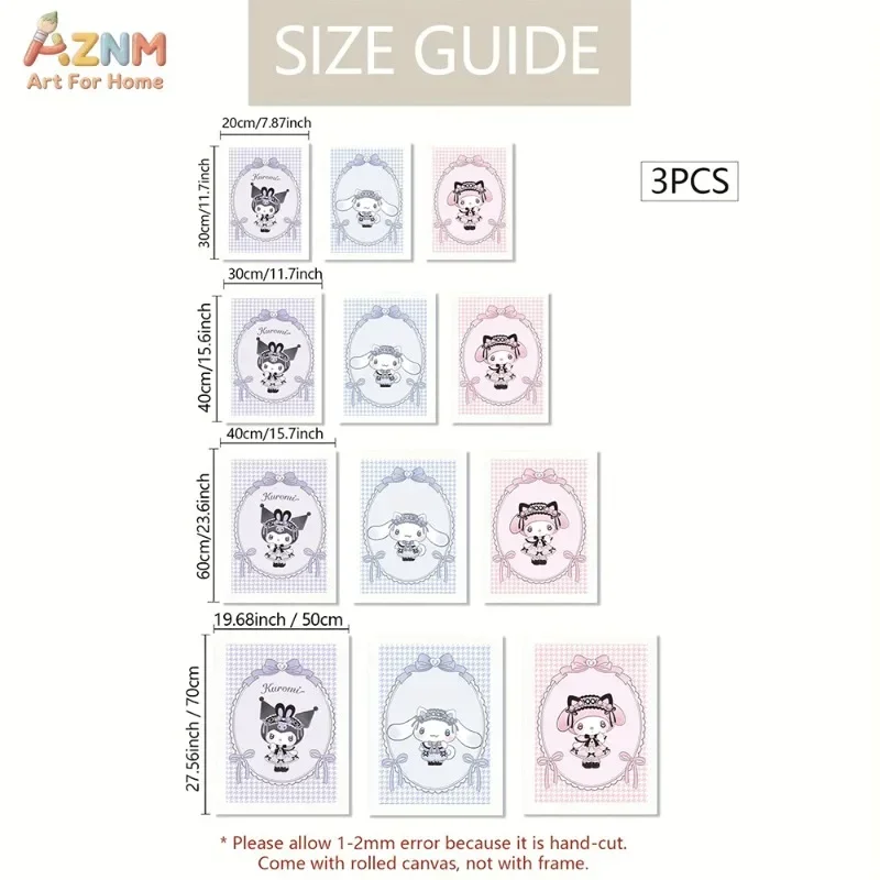 AZNM Unframed Canvas Wall Art Kuromi Cinnamoroll My Melody Houndstooth Bow Lace Sanrio Cartoon Poster Purple Blue Pink Kawaii