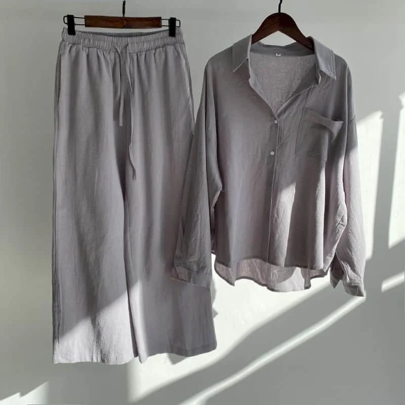 

Literary Pants Sets Retro Long Sleeve Polo-neck Shirts and Solid Straight Pants Autumn Korean Style Two Piece Sets Women Outfit