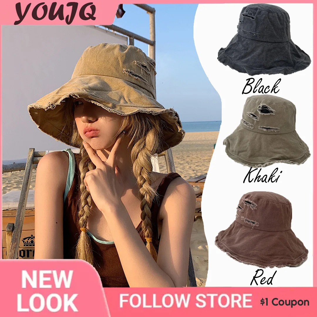 

INS Spring Summer Tassel Washed Denim Bucket Hats for Women Wide Brim Foldable Panama Cap Outdoor Beach Fisherman's Gorras