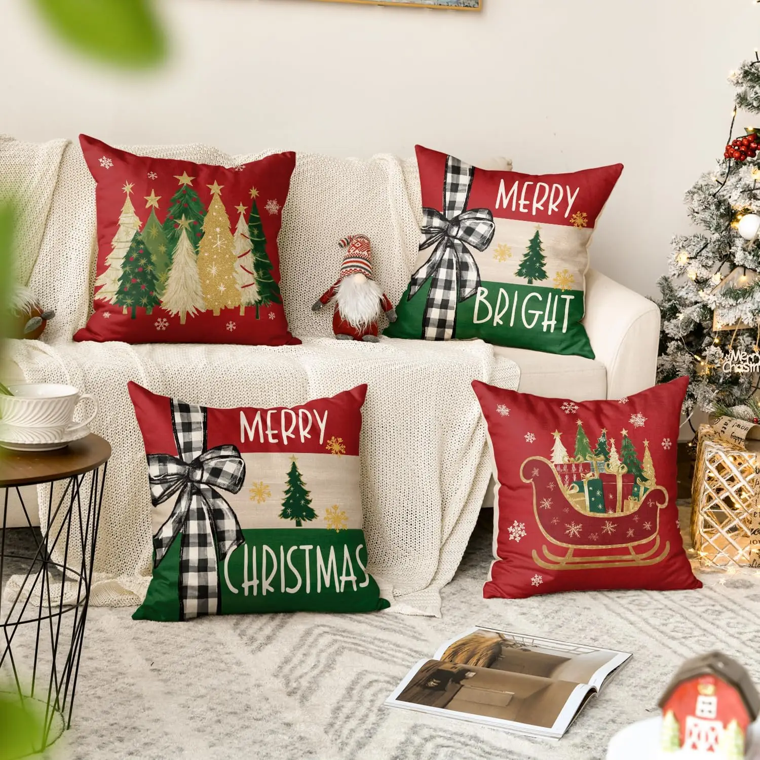 Merry Bright Christmas Trees Star Sleigh Throw Pillow Covers, 18 x 18 Inch Bow Snowflake Red Xmas Winter Holiday Cushion Case