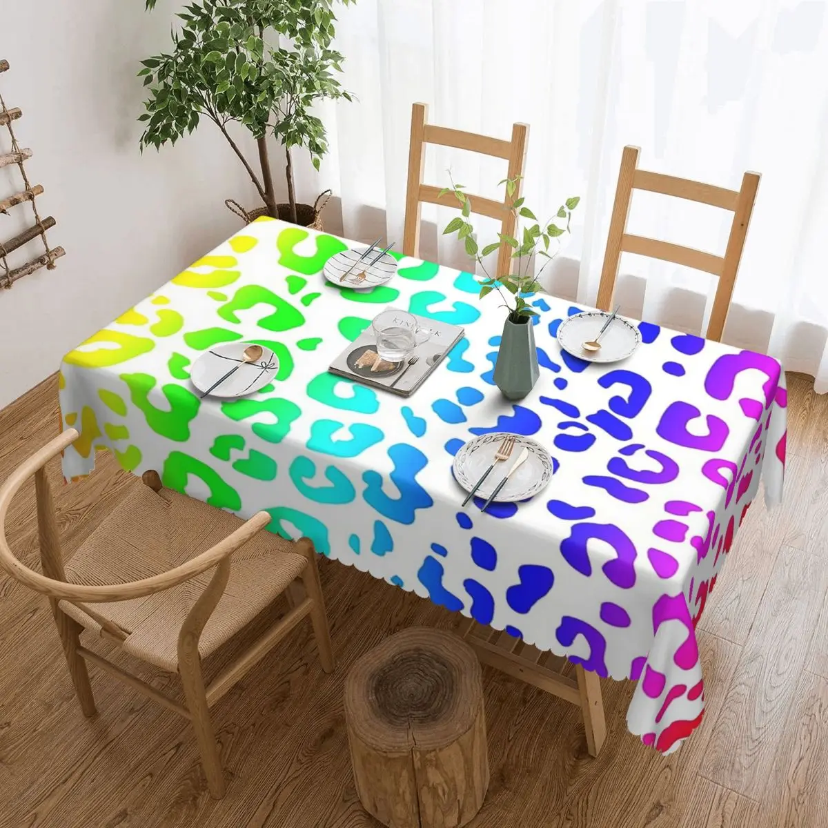 Rainbow And White Spots Leopard Print Custom Rectangular Tablecloth Waterproof Table Cover for Dining Events Table Cloth