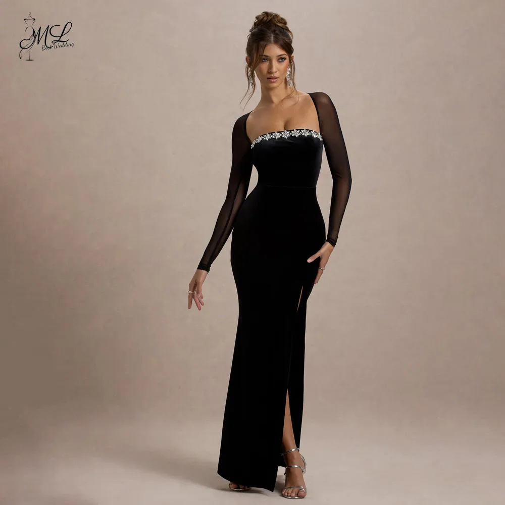 

ML Customized Square Collar Formal Black Jersey Evening Dress Exquisite Long Sleeves Mermaid Side Slit Crystal Bespoke Dress2026