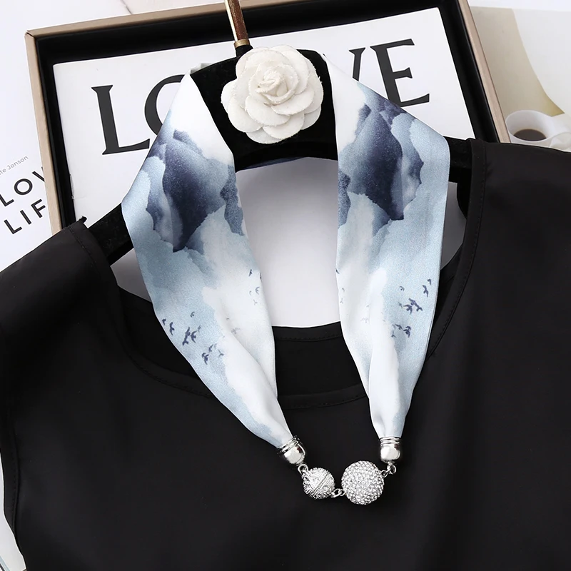 Spring Autumn Fashion Elegant Neck Decoration Rhinstones Ball Magnetic Snap Silk Scarf Letter Printed Women Small Neckerchief