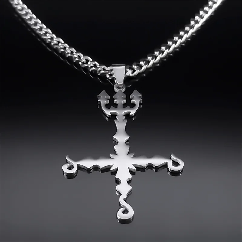 666 Satan croix inversée Trident collier démoniaque pour femmes hommes en acier inoxydable couleur argent déclaration colliers bijoux N8055SR