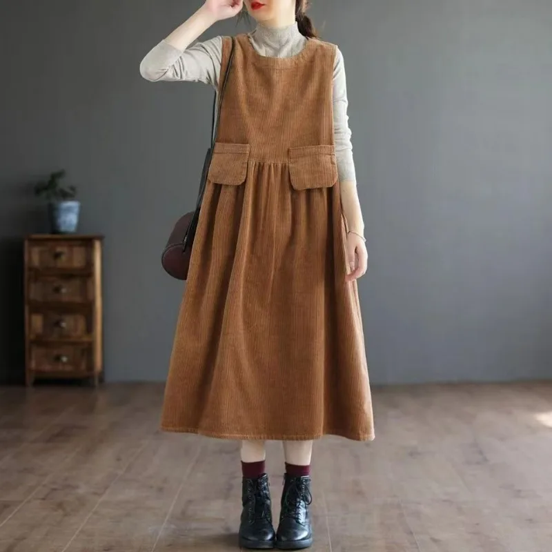 Robe mi-longue en velours côtelé vintage pour femmes, robes monochromes à col rond, streetwear de style japonais, vêtements d'automne et d'hiver, Y2K